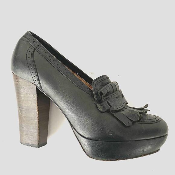 Frye Black Leather High Chunky Heeled Loafers Embossed Logo
sz 8 Academia Preppy - Picture 1 of 12